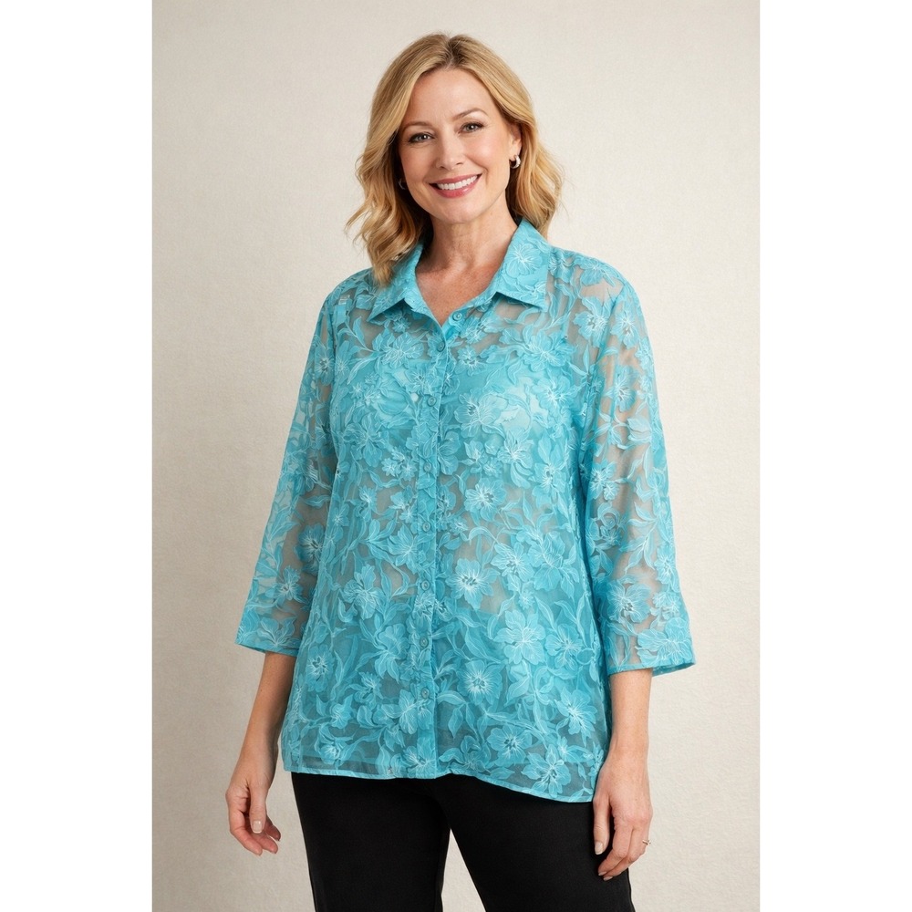 BonWorth Blouse Womens XL Blue Floral Burnout Sheer 3/4 Sleeve Button Up 29410